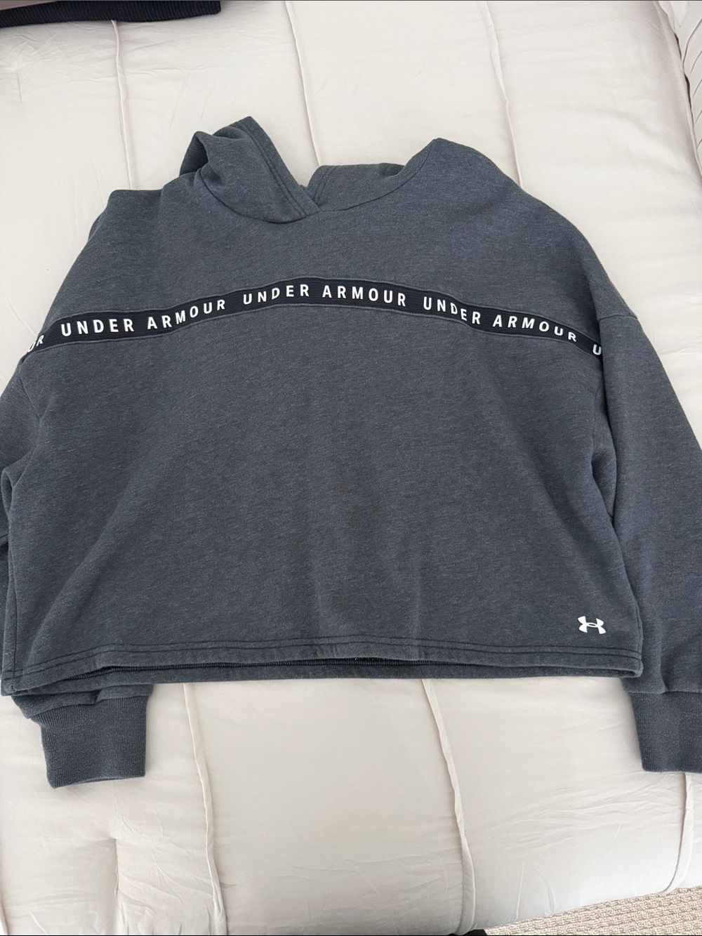Women’s Under Armour Charcoal Gray Cropped Hoodie with Logo Tape - Picture 2 of 4